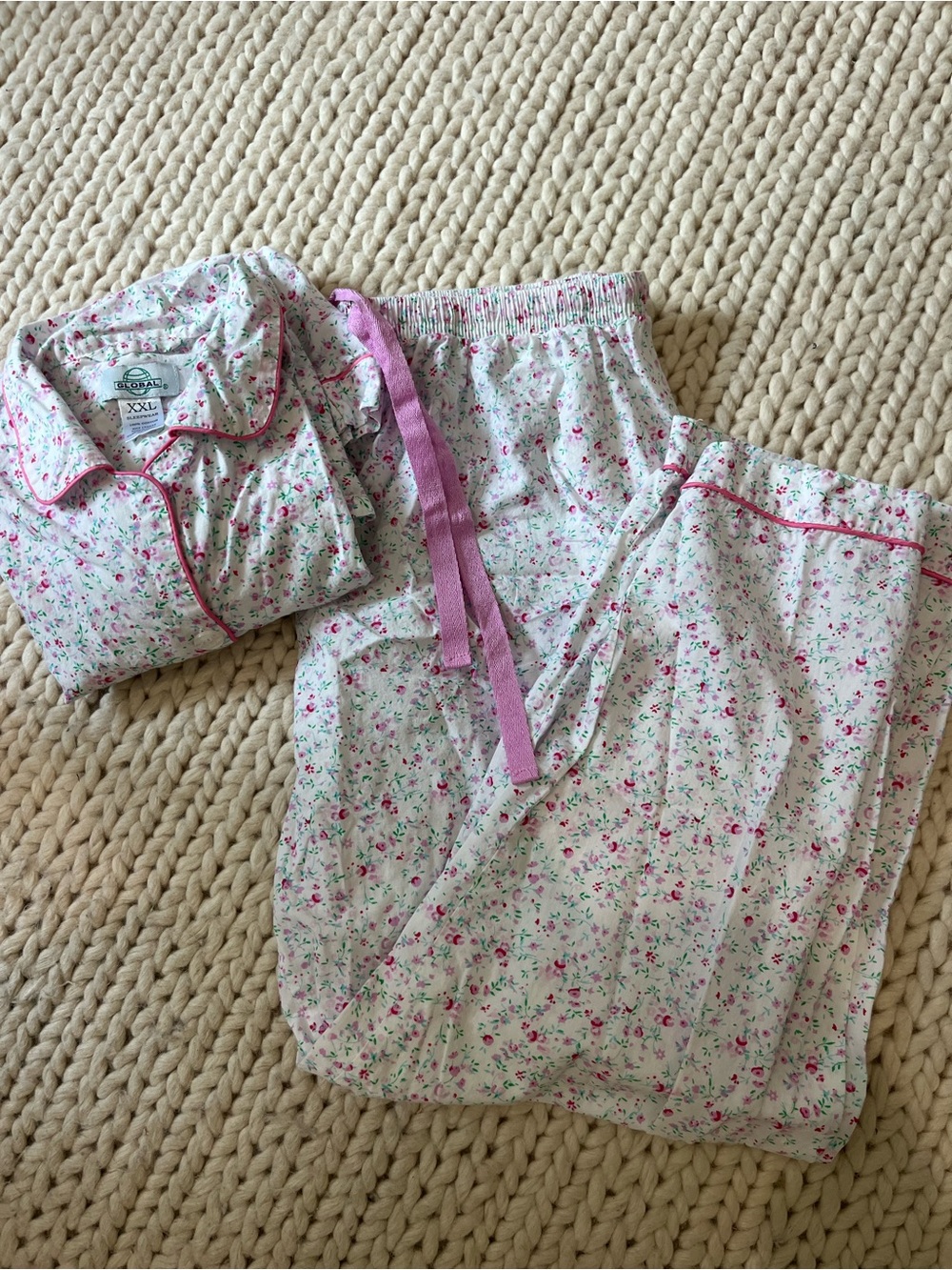 Women’s Global Pink & White Floral Cotton Pajama Set with Pink Trim XXL